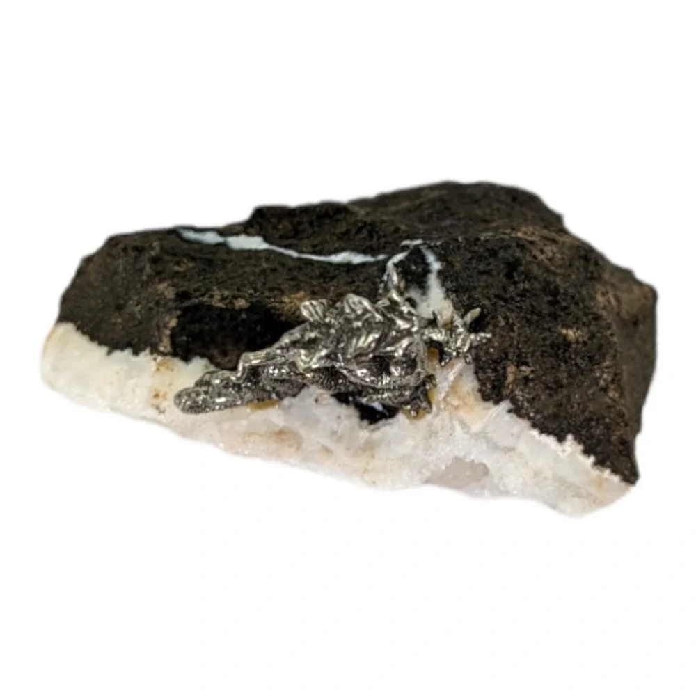 Vintage Pewter Dragon On Quartz Crystal Black Rock White Veining